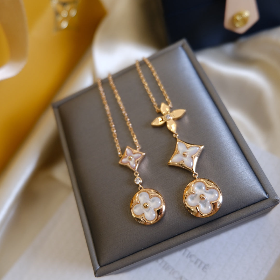 [Blaue Tränen]Farbe Blüte Lasso Halskette Roségold weiß Perlmutt und Diamant