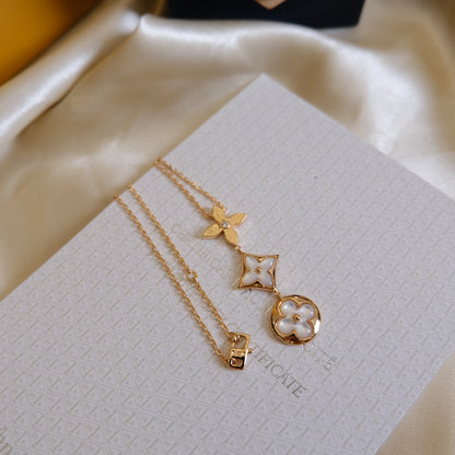 [Blaue Tränen]Farbe Blüte Lasso Halskette Roségold weiß Perlmutt und Diamant