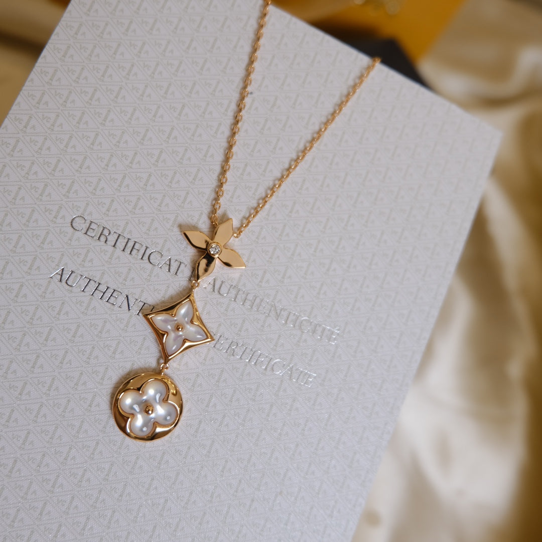 [Blaue Tränen]Farbe Blüte Lasso Halskette Roségold weiß Perlmutt und Diamant