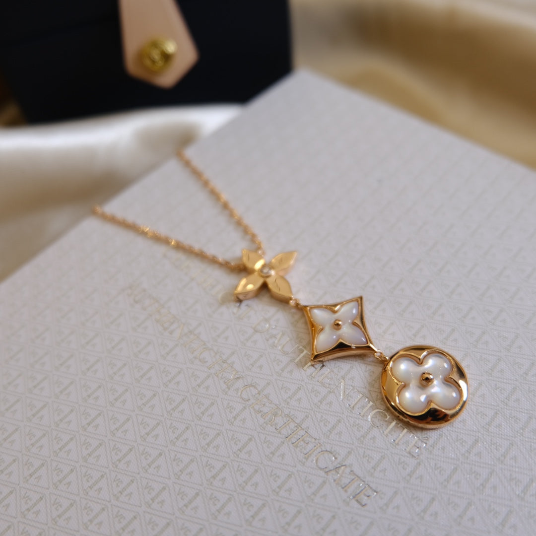 [Blaue Tränen]Farbe Blüte Lasso Halskette Roségold weiß Perlmutt und Diamant