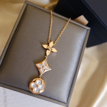 [Blaue Tränen]Farbe Blüte Lasso Halskette Roségold weiß Perlmutt und Diamant