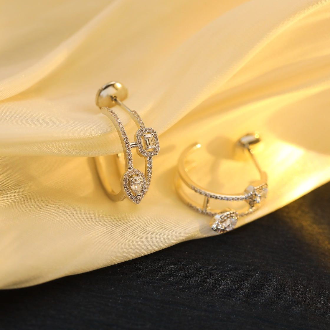 [Blue Tears Jewelry]CREOLES MY TWIN 2 RANGS SILVER DIAMOND EARRINGS