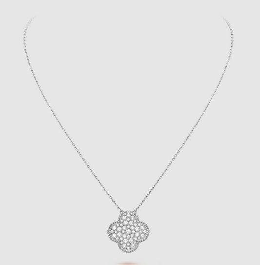 [Blaue Tränen]Clover 25mm großer Anhänger mit Diamanten besetzte Silberkette