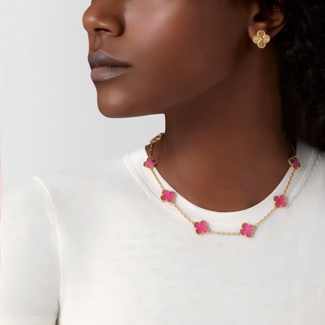 [Blue Tears Jewelry]NEW CLOVER 10 MOTIFS PINK ENAMEL NECKLACE
