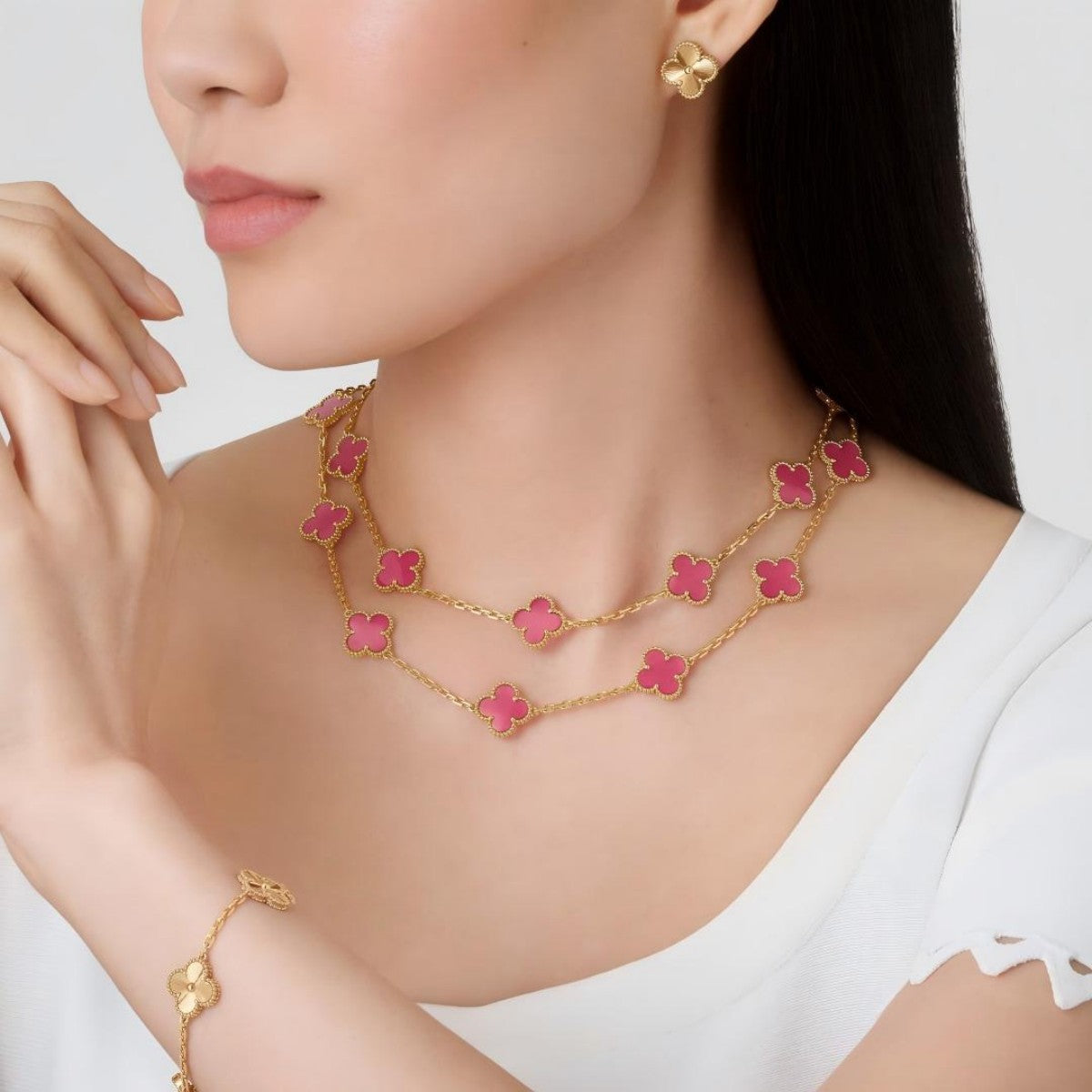 [Blue Tears Jewelry] NEW CLOVER 20 MOTIFS PINK ENAMEL NECKLACE