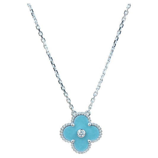 [BLAUE TRÄNEN]CLOVER 15MM DIAMANT SVRES PORZELLAN HALSKETTE SILBER