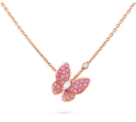 [BLAUE TRÄNEN] HALSKETTE AUS ROSÉGOLD MIT ROTEN DIAMANTEN UND SCHMETTERLINGEN