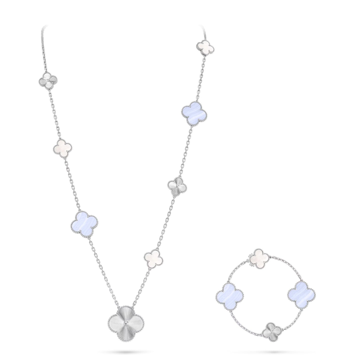 [BLUE TEARS]DETACHABLE CLOVER 15(11+4) FLOWER SILVER NECKLACE SET