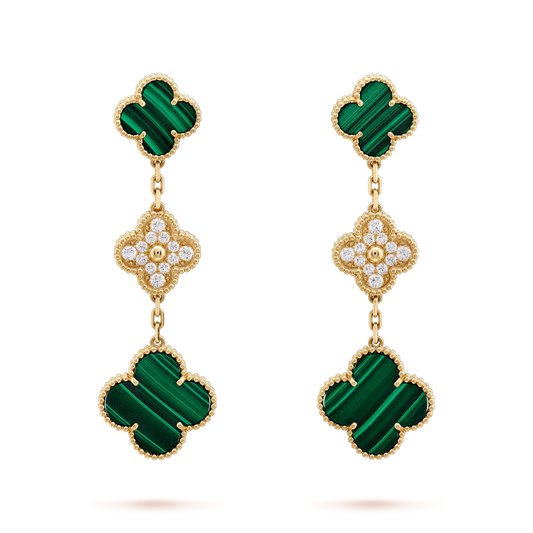 [BLAUE TRÄNEN]CLOVER OHRRINGE GOLD MALACHIT DIAMANT 3 MOTIV