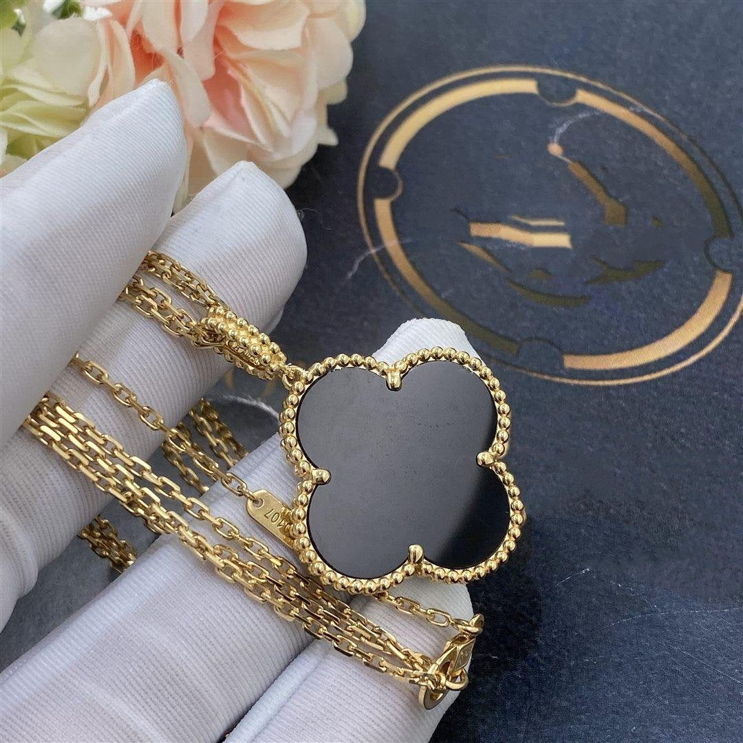 [BLAUE TRÄNEN]CLOVER 25MM GOLD ONYX GROSSE KLEEKETTE