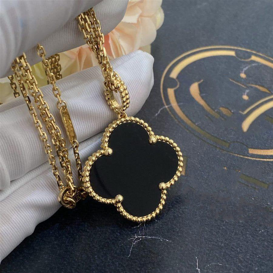 [BLAUE TRÄNEN]CLOVER 25MM GOLD ONYX GROSSE KLEEKETTE