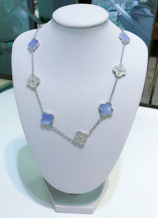 [BLAUE TRÄNEN]KLEE 10 MOTIVE CHALCEDON DIAMANTEN SILBER HALSKETTE