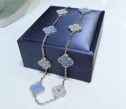 [BLAUE TRÄNEN]KLEE 10 MOTIVE CHALCEDON DIAMANTEN SILBER HALSKETTE