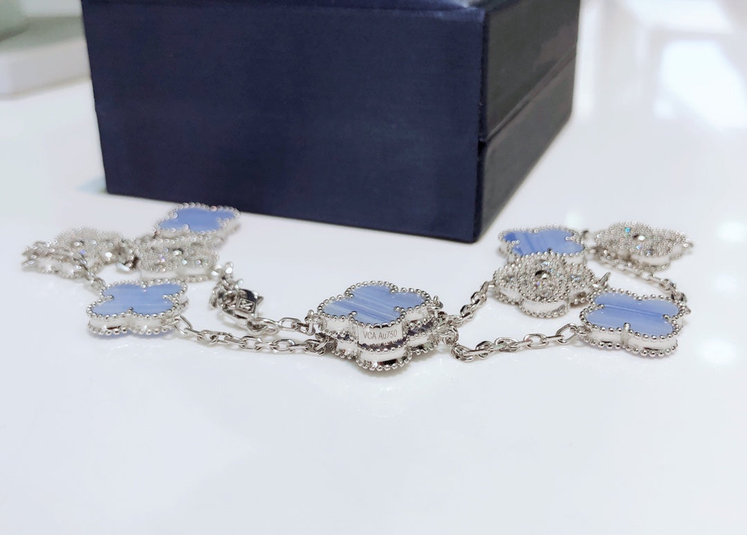 [BLAUE TRÄNEN]KLEE 10 MOTIVE CHALCEDON DIAMANTEN SILBER HALSKETTE