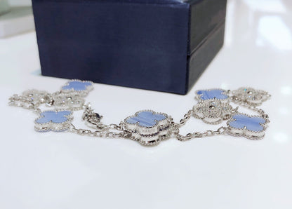 [BLAUE TRÄNEN]KLEE 10 MOTIVE CHALCEDON DIAMANTEN SILBER HALSKETTE